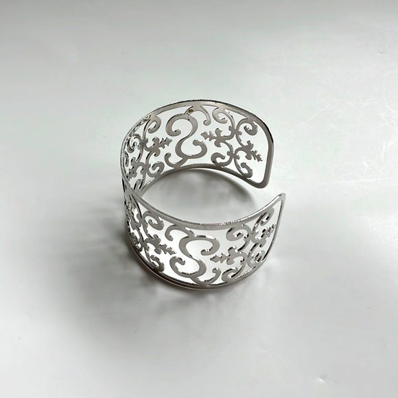 Silver Metal Cuff Bangle Bracelet with Pattern - Picture 3 of 6